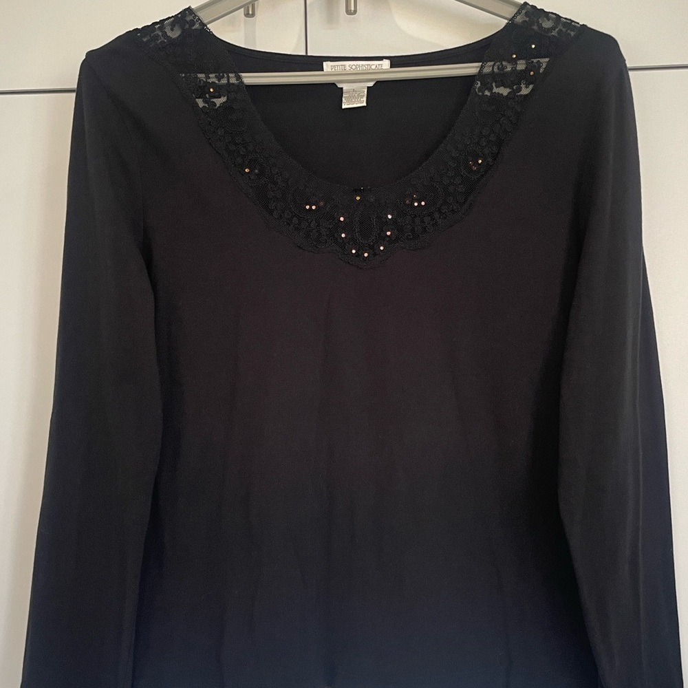 Petite Sophisticate Black Embellished Blouse Cotton Lace Trim Pink Rhinestones S